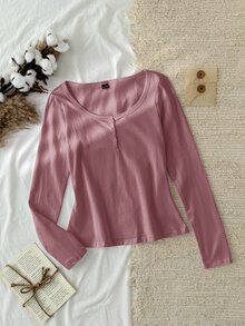 Tseoso 女款新款棉感蓮紫色 95%棉半開鈕扣 T-shirt，四季百搭，適合春秋居家穿著 - 藕粉色 - 查看 8