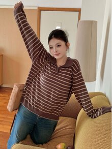 Dazy Plus Korean Style Colorblock Patchwork Preppy Versatile Brown Pullover Sweater, New Autumn/Winter - Brown - View 5
