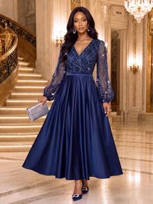 Fleurora Women's Elegant Sequin Satin V-Neck Dress - Navy Blue - View 3