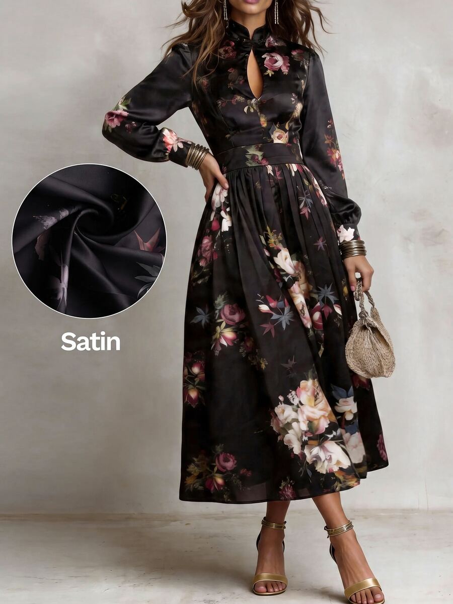 Solivie Women's Autumn Black Printed Chinese Style Dress - Black - View 1