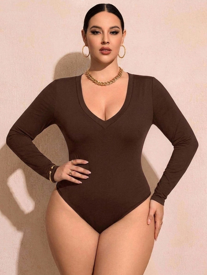SHEIN SXY Sexy Casual Minimalist V-Neck Long Sleeve Slim Fit Plus Size Women's Bodysuit, Suitable For Summer