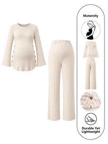 Moonlight&Mama Maternity Ribbed Long Sleeve Top And Adjustable Waist Pants Loungewear Set - Khaki - View 1