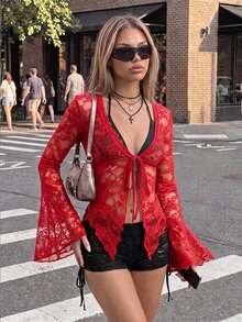 SHEIN ICON 女款時尚黑色V領蕾絲上衣，飄逸喇叭袖性感上衣 - 紅色 - 查看 8