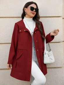 EMERY ROSE 大尺碼女款休閒西式純色連帽風衣，秋冬教師會灰色秋季款 - 酒紅色 - 查看 6