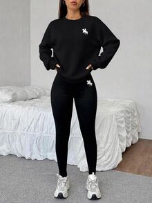 SHEIN EZwear 休閒寬鬆圓領運動衫與緊身內搭褲 2件套 - 黑色 - 查看 1