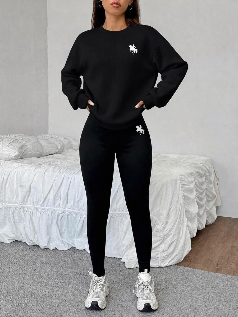 SHEIN EZwear 休閒寬鬆圓領運動衫與緊身內搭褲 2件套 - 黑色 - 查看 1