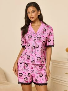 Betty Boop x SHEIN Women's Short Sleeve Contrast Lace Single-Breasted Top And Shorts Pajama Set - Pink - View 1