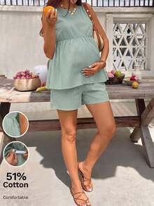 Lyckli 2pcs Maternity Striped Ruched Camisole Top And Adjustable Waist Shorts Set, Casual Daily Wear - Green - View 9
