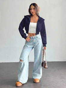 SHEIN PETITE 白色女款純色前拉鍊長袖口袋極簡連帽外套，休閒秋季日常穿著，返校教師穿搭，適合嬌小女性 - 藏蓝色 - 查看 3