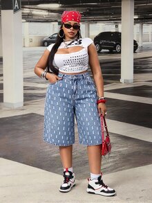 Slaydiva Plus Size Women's Low Waist Distressed Vintage Blue Wide Leg Capri Jeans - Medium Wash - View 6