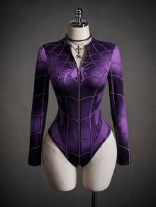 SHEIN ICON Women's Spider Pattern Casual Daily Wear Bodysuit - Purple - View 4