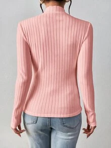 SHEIN Frenchy 休閒極簡風粉色 93% 棉羅紋女款修身長袖高領打底 T 恤，適合秋冬穿著 - 粉色 - 查看 2