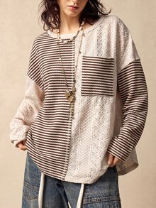 Bohemela 大尺碼春夏/秋冬休閒波西米亞風藍白條紋拼色拼接運動衫 秋季外出度假穿搭 - 棕色 - 查看 6