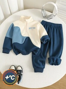 SHEIN 兒童男童 2件組休閒套裝－立領套頭連帽衛衣與保暖內裡秋季長褲，適合冬季、學校、開學季，舒適套裝 - 彩色 - 查看 6