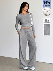 SHEIN Tall 女款純色圓領長袖T恤與長褲休閒兩件套居家日常淺灰色秋季 - 灰色 - 查看 4