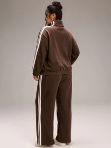 SHEIN BASICS Plus Size Frog Button Long Sleeve Jacket And Striped Pants With Pockets 2 Pieces Set - Brown - View 8
