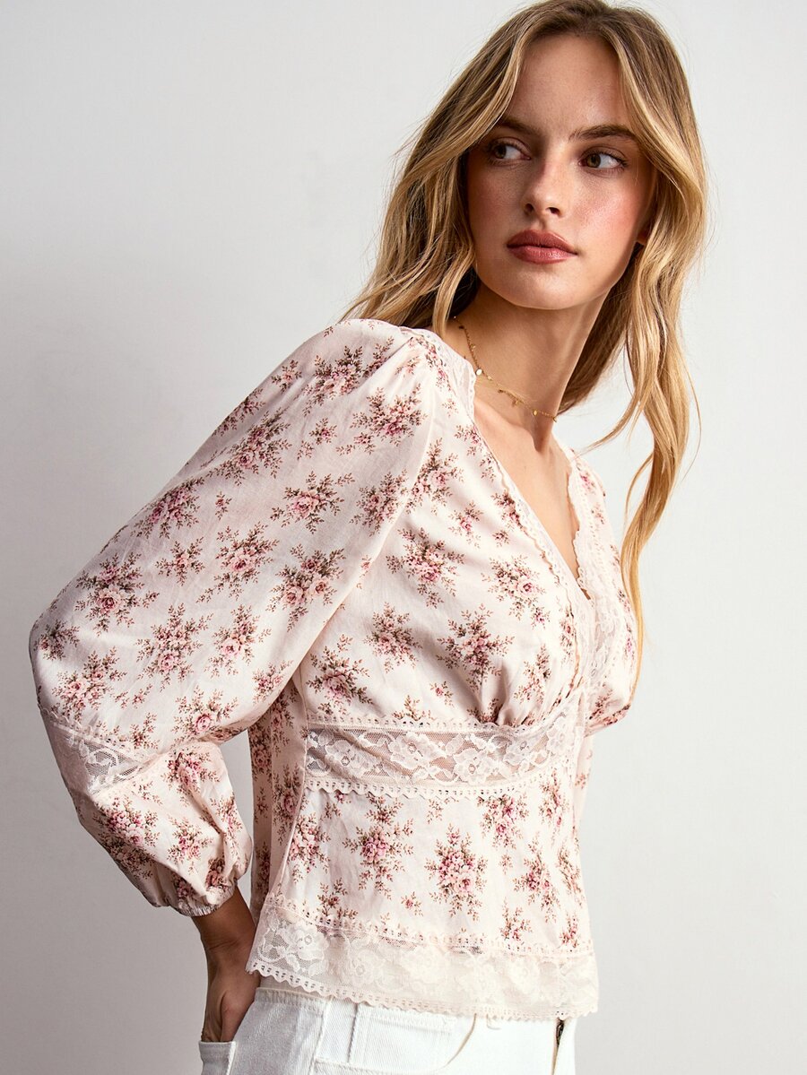 Willow Rêve Women's Cream Floral Lace Patchwork Puff Long Sleeve Top - Cream - View 1