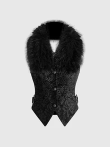ROMWE Áo vest sơ mi cổ lông jacquard phong cách Gothic cung đình Giáng sinh cho mùa Thu/Đông - màu đen - Xem 1