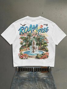 StoneGrade American Retro Island Vacation Style Fashion Print Pattern Men's White Standard Size Cropped Loose Fit Short Sleeve T-Shirt - White - View 1