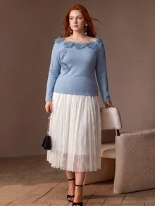 MOTF PREMIUM PLUS SIZE WOMEN'S AUTUMN/WINTER KNIT 3D FLORAL T-SHIRT - Dusty Blue - View 3