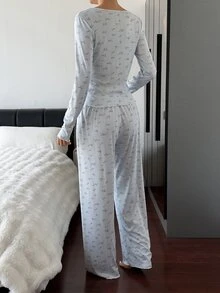 Livesso Women's Floral Bow Decor Long Sleeve Top And Pants Pajama Set - Blue - View 2