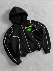 Gym Rark Men's Letter & Brazil Flag Print Zip-Up Hooded Sports Jacket - Black - View 3