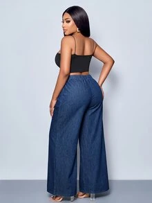 SHEIN Plus Size Women's Washed Denim Straight Leg Pants - Dark Wash - View 2