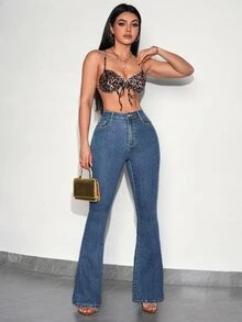 SHEIN SXY 高腰口袋修身優雅時尚牛仔褲 - 藍色 - 查看 2