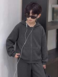 Dazy Kids 青少年男孩落肩長袖拉鍊連帽衛衣外套與長褲休閒套裝 - 深灰色 - 查看 5