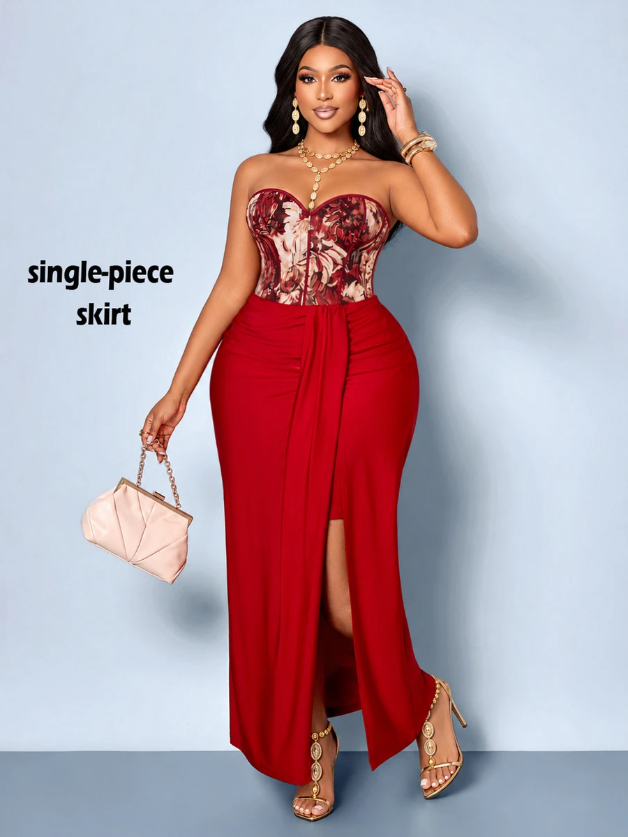 SOLERSUN Plus Size Women's High Waist Ruched Waist Front Tie Drape Split Bodycon Mid-Length Party Skirt, Autumn Outfit - Red - View 1