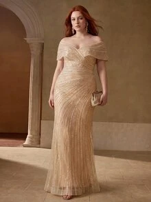 MOTF Soiréza PLUS LUXURY BEADED V-NECK MERMAID EVENING GOWN FOR RED CARPET EVENTS,FORMAL PARTIES, WEDDINGS,GALAS - Champagne - View 3