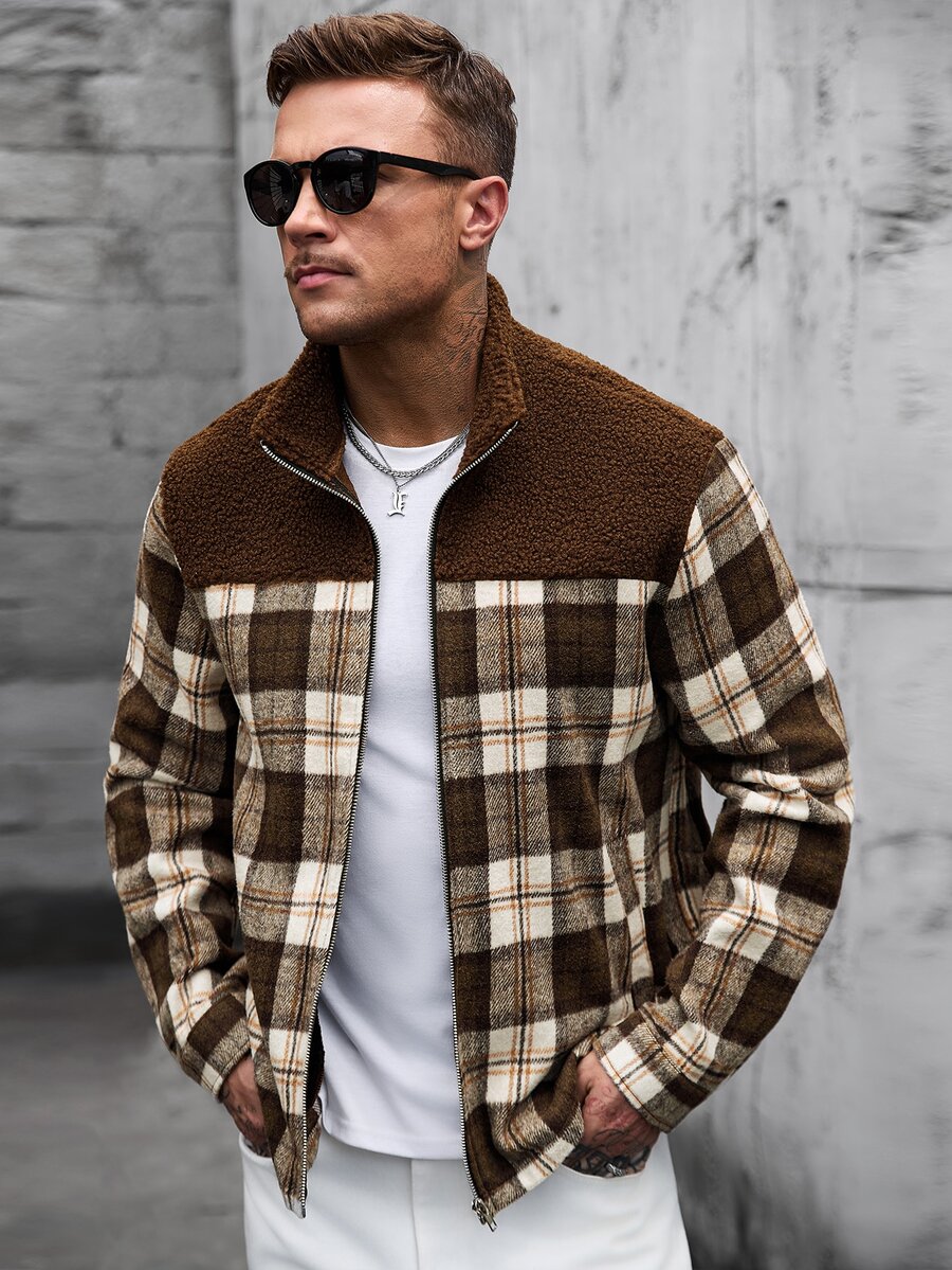 Manfinity CasualCool 男士拼接抓絨格紋大衣,翻領拉鍊寬鬆休閒夾克,加厚秋冬上衣,萬聖節/聖誕節/新年穿搭,送給男友/丈夫的完美禮物 - 彩色 - 查看 1