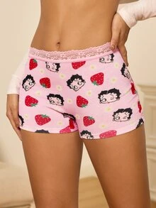Betty Boop x SHEIN Women's Lace Patchwork Cartoon Print Casual Daily Hipster Panties - Pink - View 5