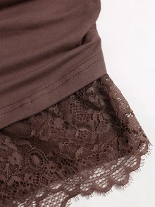 Sweetra Women's Solid Color Contrast Lace Asymmetrical Shoulder Long Sleeve Top And Skirt Fashion Two Pieces Set - Brown - View 8