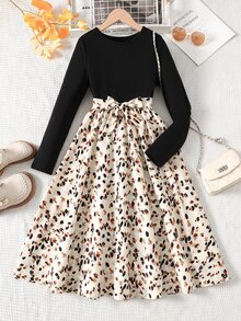 Emery Rose Kids Emery Rose Kids Tween女孩休閒優雅圓領長袖棕色灰調花卉拼接洋裝 - 黑色 - 查看 2