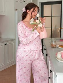 Slumberry CURVE Sweet Ins Bow Print Lace Patchwork Long Sleeve Knit Plus Size Pajama Set - Pink - View 2