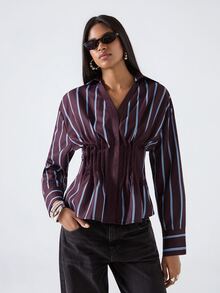 LYSMO Women's Dark Purple Cinched Waist Pleated Design Fashion Casual Smart Casual Elegant Shirt Office Brunch - Brown - View 4