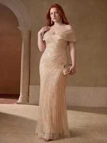 MOTF Soiréza PLUS LUXURY BEADED V-NECK MERMAID EVENING GOWN FOR RED CARPET EVENTS,FORMAL PARTIES, WEDDINGS,GALAS - Champagne - View 4