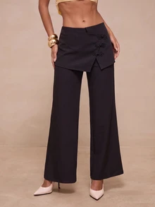 Glamine Women's Autumn Fashion New Chinese Style Frog Button One-Piece Wrap 2 In 1 Design Mid-Waist Flared Wide Leg Long Pants, Elegant Solid Color Trousers For Daily Wear And Commute - Black - View 4