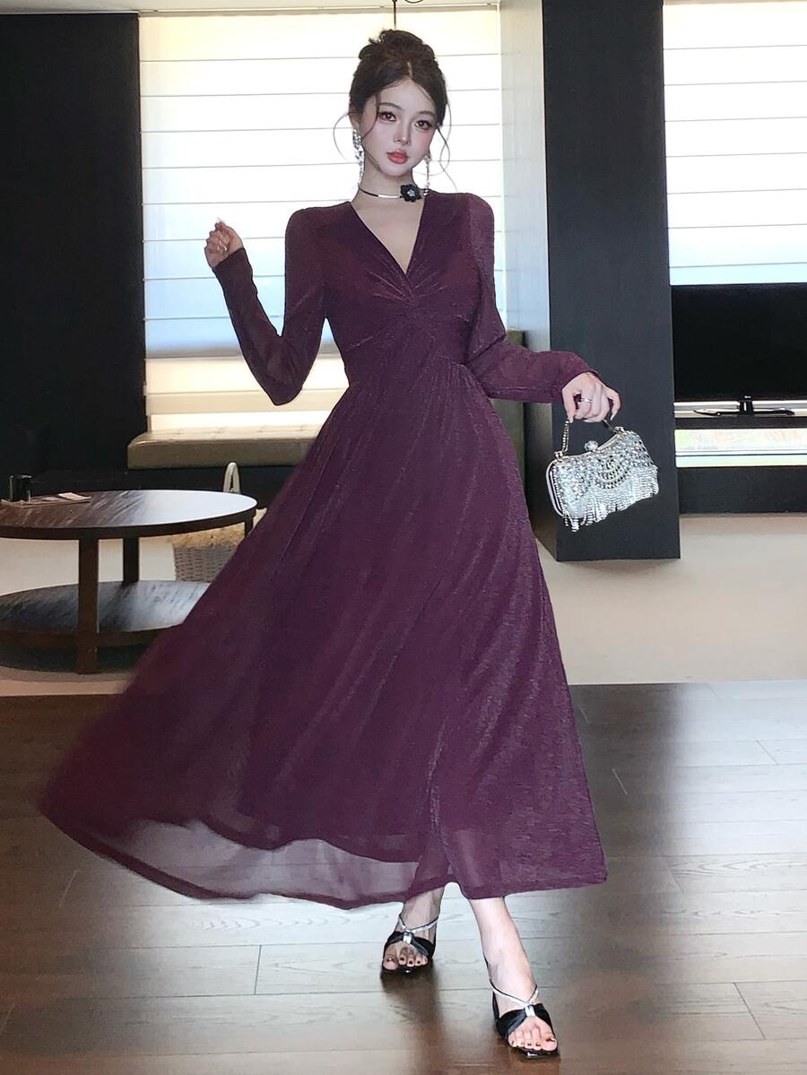 DAZY Women's Solid Color V-Neck Long Sleeve Elegant Dress - Purple - View 1
