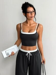 SHEIN With My Calm 2pcs Dark Grey White Contrast Outfit Set, Adjustable Spaghetti Strap Cami Top & Side Pocket Wide Leg Pants, Drawstring Waist, For Fitness Daily Summer - Dark Grey - View 4