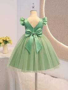 SHEIN 女童簡約白色正式禮服，柔軟緞面背部附可拆式大蝴蝶結，花童婚禮 4 歲生日禮物，兒童公主秋季款 - 綠色 - 查看 6