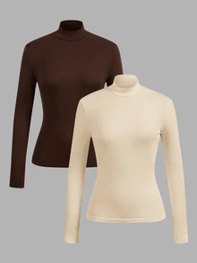 SHEIN EZwear Women's 2pcs Set High Neck Fitted Long Sleeve Basic T-Shirt Set Suitable For Autumn/Winter - Multicolor - View 1