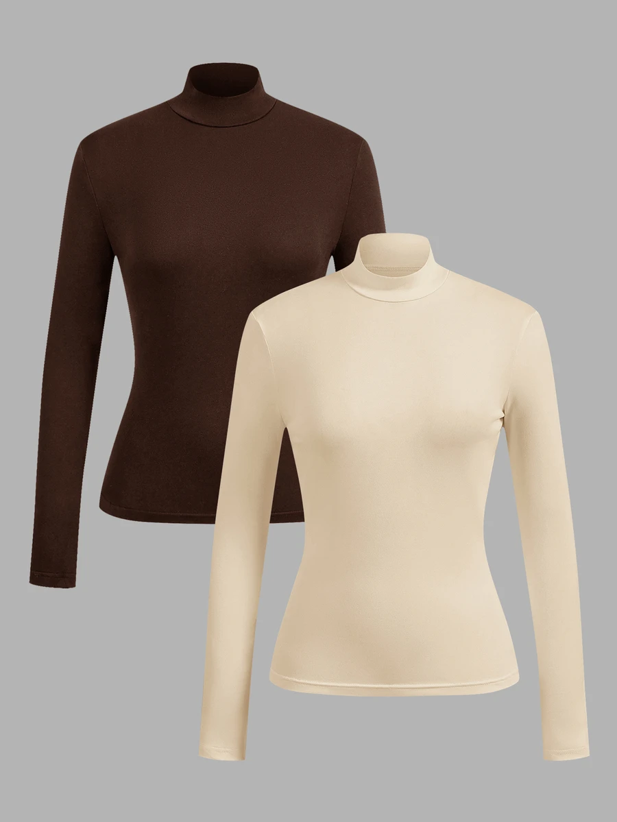 SHEIN EZwear Women's 2pcs Set High Neck Fitted Long Sleeve Basic T-Shirt Set Suitable For Autumn/Winter - Multicolor - View 1