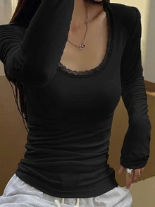 DAZY 女款純色對比蕾絲V領長袖荷葉邊T恤 Y2K - 黑色 - 查看 5