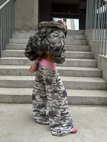 Coolane 女款秋冬街頭風 Y2K 休閒日常外穿派對低腰運動長褲 軍綠迷彩拼色粉色復古運動褲 - 彩色 - 查看 6