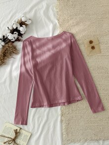 Tseoso 女款新款棉感蓮紫色 95%棉半開鈕扣 T-shirt，四季百搭，適合春秋居家穿著 - 藕粉色 - 查看 2