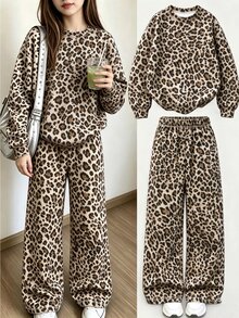 SHEIN 青少年女孩 2 件組 米色豹紋圓領套頭運動衫與寬腿長褲套裝，冬季穿搭 - 彩色 - 查看 3