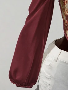 Mistrie Retro Oil Painting Floral Open Shoulder Fitted Top With A Waistband, One Shoulder Bubble Long Sleeves That Fit Snugly And Flatter The Figure, Se - Burgundy - View 6