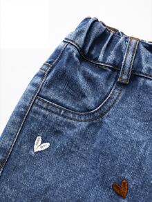 SHEIN 少女時尚可愛街頭風愛心刺繡寬鬆直筒牛仔褲 秋冬款 - 藍色 - 查看 7